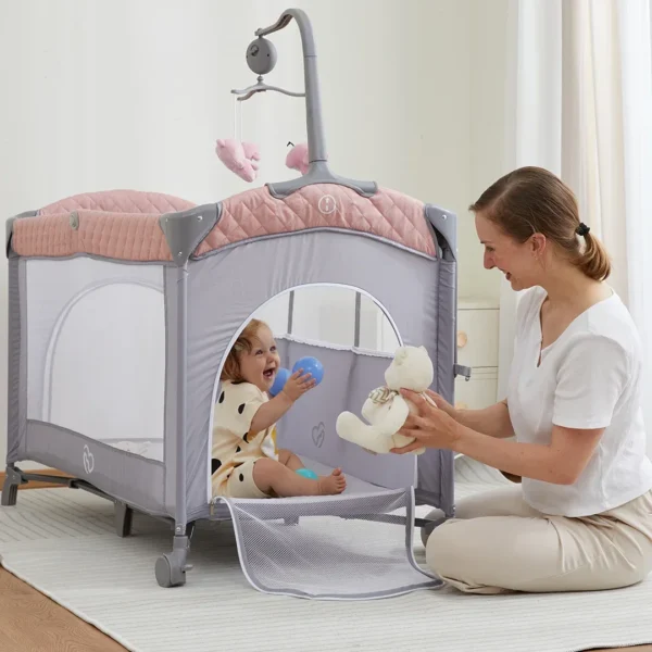 Cheap Hot selling OEM adjustable baby travel folding bed bedside bed crib side bed with wheels and diaper table for 0-3years - Image 6