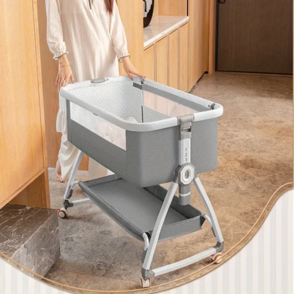 Multi Functional Baby Crib with Foldable Height Adjustment Splicing, Portable and Movable Bedside Swing, Cradle, Sleeping Bed - Image 5
